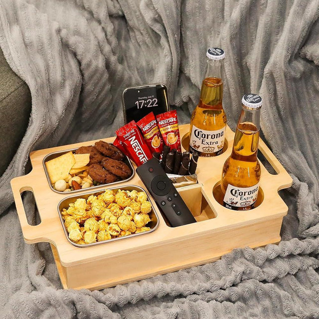 Couch Cup Holder, Rv Accessories, Wooden Couch Caddy with Stainless Steel Snack Fruit Tray for Bed Car Seat Organizer, Cup Drink Storage Anti-Spill Sofa Cup Holder for Phone Snacks Beverage Remote