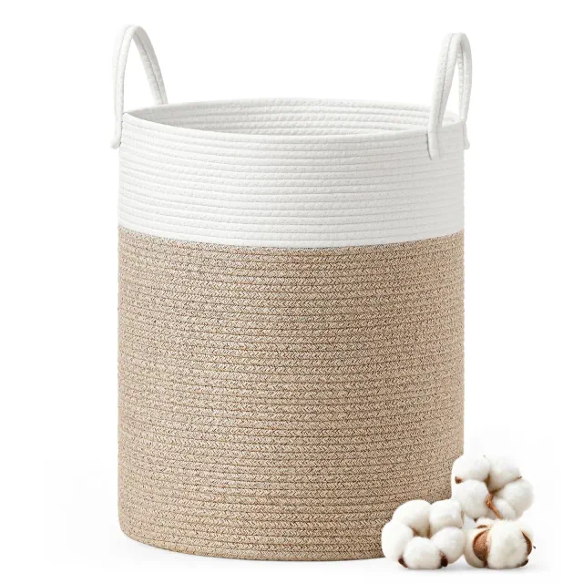 Cotton Rope Laundry Basket, 15.8 Gal Natural Fiber Hamper with Handles, for Kids' Toys Clothing Bedroom Living Room, White & Grayish Brown