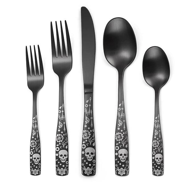 OIULO Pattern Matte Silverware Set for 8,40-Piece Square Handle Matte Black Flatware set,Unique Pattern Design,Satin Finish Cutlery for 8,Halloween Skull Tableware Utensils for Kitchen Dishwasher Safe