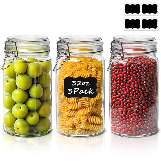 ComSaf Glass Jars with Airtight Lid Set of 3, Mason Jars 32 oz, Pickling Jar, Canning Jar 32oz, 32 oz Glass Containers with Lids for Kitchen, Pickle, Flour, Cereal, Pasta, Sugar, Herb