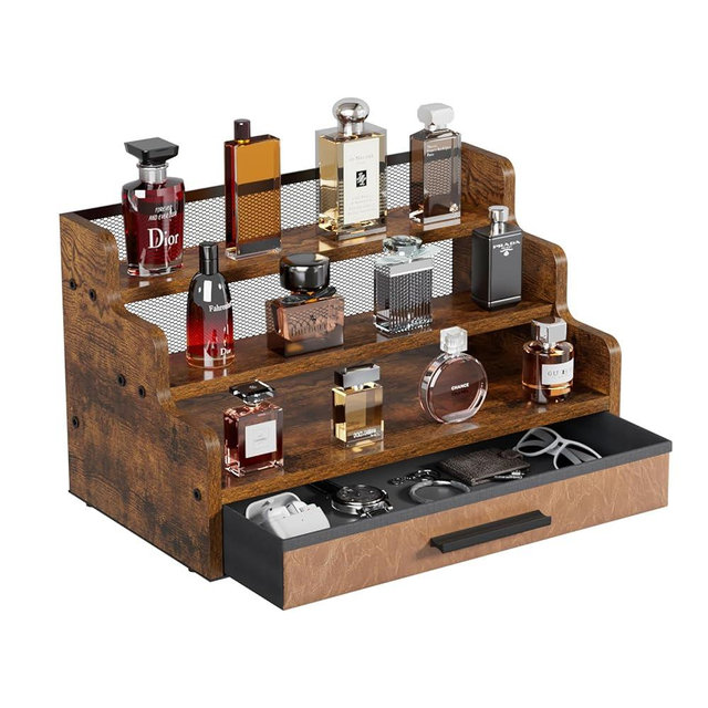 Yuzehuaza 3 Tier Cologne Stand with Drawer, Wooden Cologne Organizer for Men/Women, Retro Perfume Stand Organizers, Display Riser Shelf Holder for Skincare and Makeup Organizers, Rustic Brown