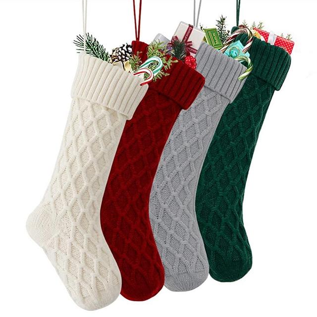 LOMOHOO Pack 4 Christmas Stockings 18" Large Christmas Knitted Stockings Xmas Rustic Christmas Decorations for Fireplace Xmas Party Holiday (Burgundy,Gray,Green,Ivory- 4 Pack)