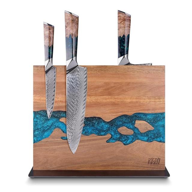 FINDKING Magnetic Knife Block, Double Sided Knifes Holder, Powerful Magnet Kitchen Knives Storage, Acacia Wood and Resin, Brown, 12 x 10 Inches (Without Knives)