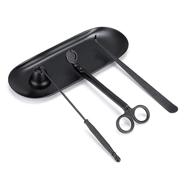 OwnMy 4 in 1 Candle Accessory Set - Candle Wick Trimmer, Candle Wick Dipper, Candle Wick Snuffer, Storage Tray Plate, Candle Care Tools Gift for Candle Lovers (Black)