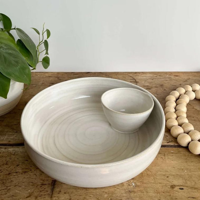 Anniversary Gift Chip and Dip bowl Large Handmade pottery bowl Green pottery Queso bowl Game Day Dip Platter Party Tray Entertaining Night - White