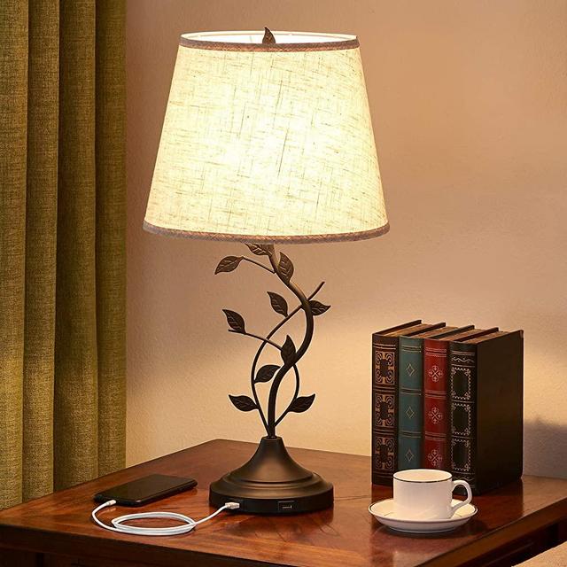 Dual USB Table Lamp, Kakanuo Traditional Bedside Lamp with USB Fast Charging Ports, Cream Drum Fabric Shade, Large Retro Table Lamp for Bedroom, Living Room, BlackTable Lamp