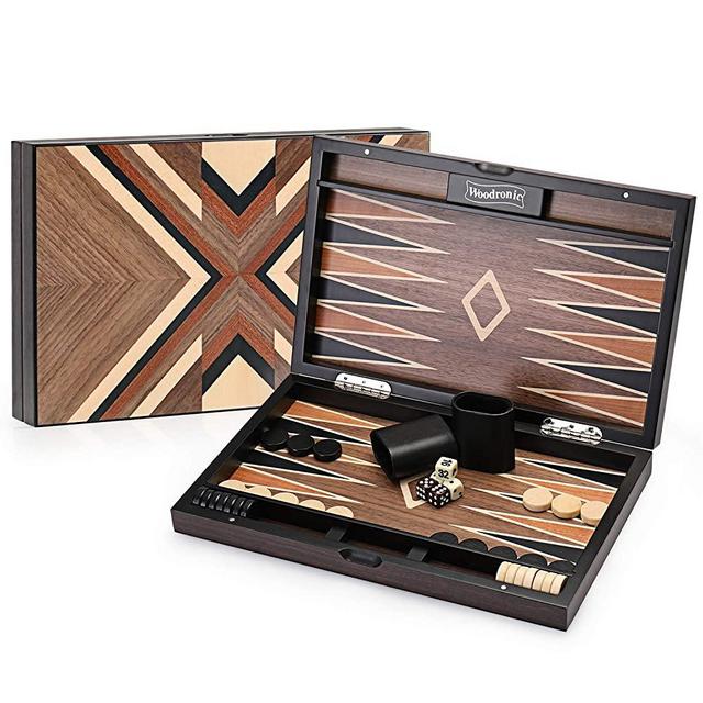 Woodronic 15'' Wooden Backgammon Set, Folding Classic Board Game, Best Strategy Game and Smart Game of Tactics, Walnut Mahogany Case