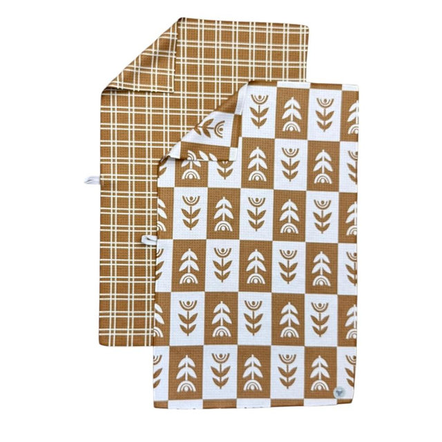 Desert Aqua 2 Pack || Double Sided|| Not Your Ordinary Kitchen Towels || Dish Towels || Quick Dry || Waffle Weave Microfiber || Designer Prints || Highly Absorbent || Hanging Hook (tan Checkered)