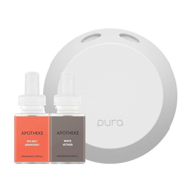 Pura Smart Home Fragrance Device Starter Set - Pura 4 - Scent Diffuser for Home - Includes Fragrance Aroma Diffuser - Rectangle Box, Sea Salt Grapefruit and White Vetiver Scent Refills