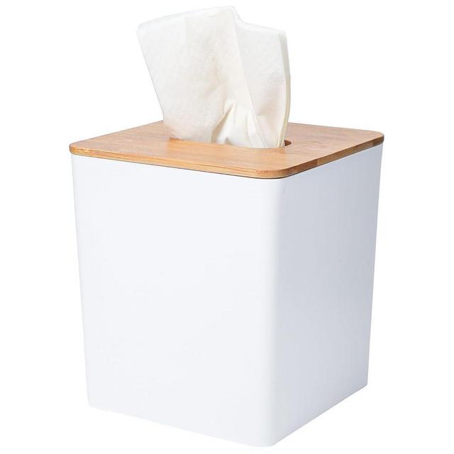 Tissue Box Cover Square,Tissue Box Holder with Bamboo Lid,Tissue Dryer Sheet Holder for Modern Farmhouse Boho Decor,1 Pack,(White)