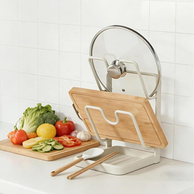 tugkew 304 Stainless Steel Kitchen Pot Lid Storage Rack, Pot Lid Holder while Cooking, Pot Lid Organizer with Removable Tray & Spoon Rest,Waterproof & Rustproof(Beige, 2 Layer)