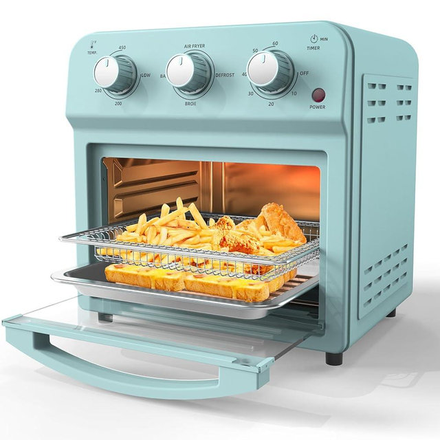 Novaspark Retro Convection Oven Combo, 12L Small Air Fryer Toaster Oven, 4-slice or 6" Pizza, Bake, Toast, Broil, Air Fry, 1500W Rapid Heating, Non-Stick, Blue