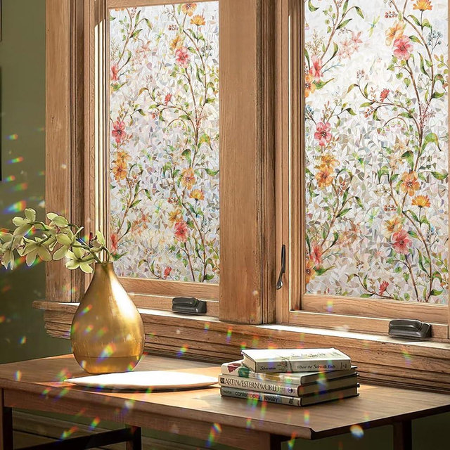 Kromapolis Window Privacy Film Floral Rainbow Decorative Stickers, 3D Static Stained Glass Cling, Removable Cover for Home Heat Control Anti-UV, Car Sunroof Vinyl Decals Non-Adhesive, 23.6'' x 78.7''