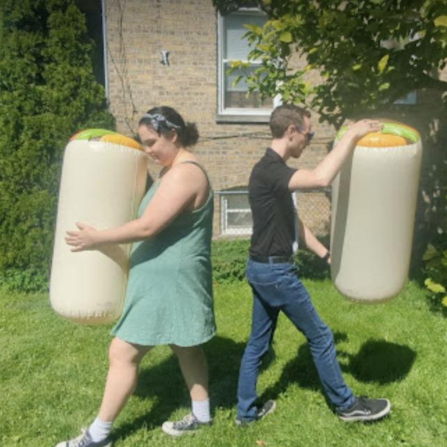 2025: Brian and Erin host a "name games" party. Their friends play silly games to determine whose name would go first on the wedding invitations. This includes inflatable burrito duels. Can you guess whose team won?