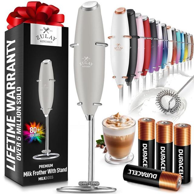 Zulay Powerful Milk Frother (4 Duracell Batteries Included) - Handheld Milk Frother Wand Drink Mixer for Coffee - Powerful Milk Foamer for Cappuccino, Frappe, Matcha & Coffee Creamer - Gray