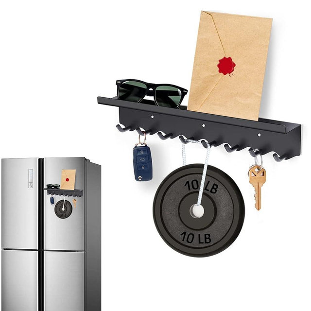 Volnamal Key Holder Wall Mount, Magnetic Key Hooks and Mail Organizer Tray with 8 Hooks, Adhesive Key Rack Hanger for Entryway, Refrigerator, Black