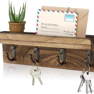Rustic Key Holder for Wall, Farmhouse Wall Shelf with 4 Hooks, Wall Mounted Key Racks, Wooden Mail Organizer with Hooks for Entryway (Brown)