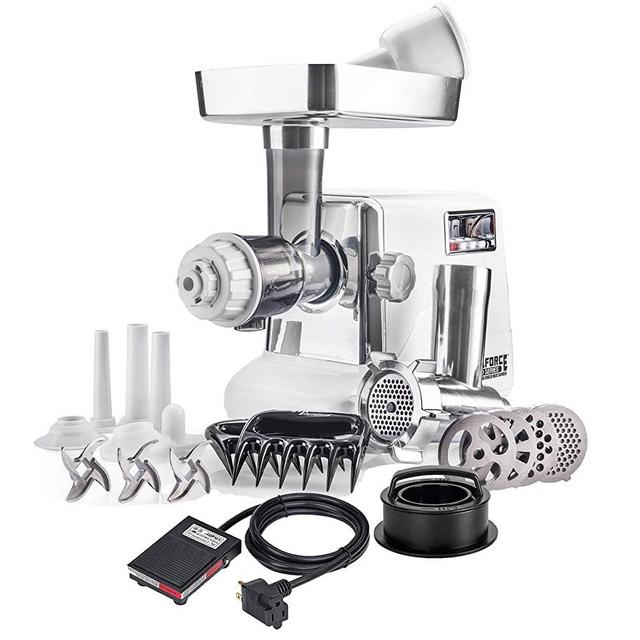 STX Turboforce 3000 Heavy Duty 7-In-1 Size #12 Electric Meat Grinder w/Foot Pedal • Cold Press Juicer • Sausage Stuffer • Kubbe Kit • Burger/Slider Maker • Meat Claws • 3 Blades • 4 Grinding Plates