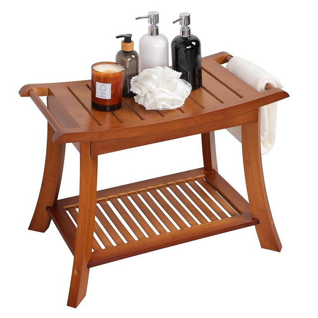 VVW Bamboo Shower Bench & Stool with Storage Shelf, Bath Benches for Inside Shower, Bathroom Stools 2-Tier Spa Seat for Adults Elderly (Walnut)