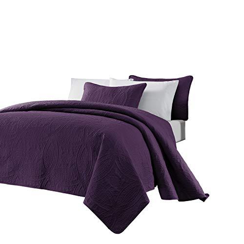 Chezmoi Collection Austin 3-Piece Oversized Bedspread Coverlet Set (Queen, Purple)