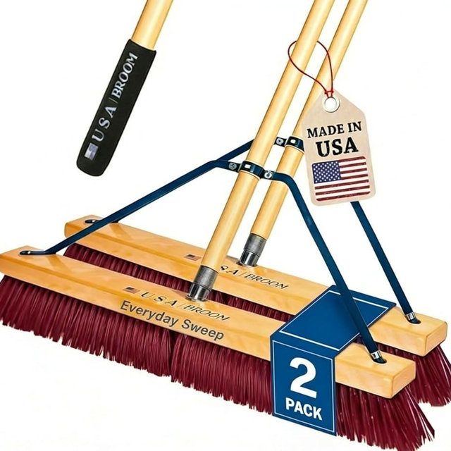 2-Pack - 24" Everyday Sweep Indoor/Outdoor Push Broom with 60" Handle. Ideal for Garages & Shops. Durable American Made Steel Brackets-All Stainless Steel Hardware. No Plastic. 100% USA Made