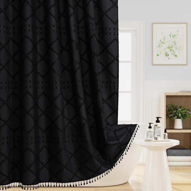 Craidlela Extra Long Black Boho Woven Fabric Shower Curtain with Tassel 72 x 84, Bohemia Tufted Chevron Striped Chic Textured, Waterproof Cloth Curtain for Bathroom, Modern Farmhouse Minimalist