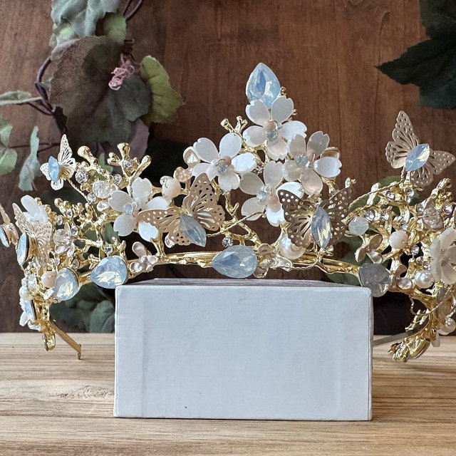 Beige and Gold Butterfly Tiara Quinceanera Tiara Butterflies with light blue Tiara Wedding Tiara Butterfly Coronas para Quinceanera