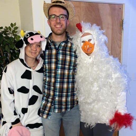 Cambell the Cow, Farmer Ben, and Margo the Chicken during Halloween 2021