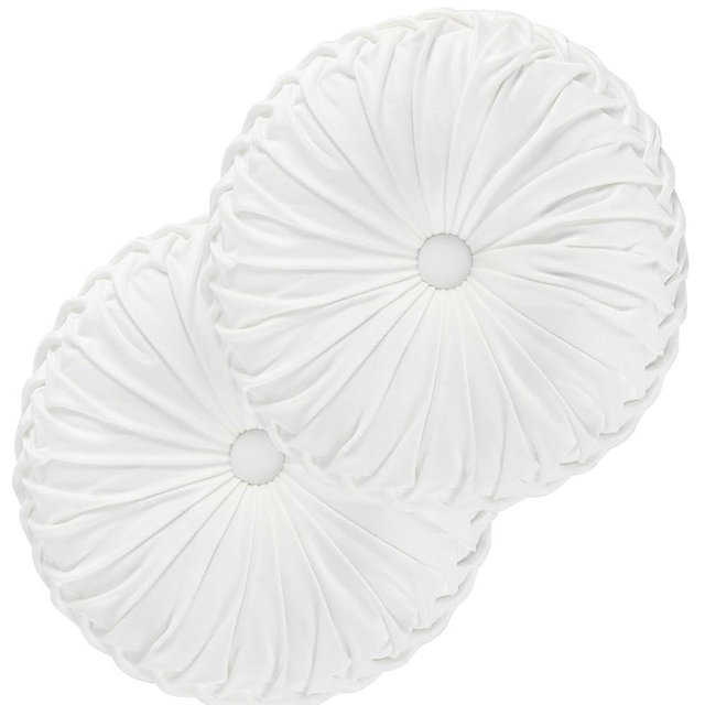 HIG Set of 2 Decorative Round Pleated Throw Pillows, Classy Accent Pumpkin Throw Pillows with Center Button, Vintage Velvet Floor Pillows for Sofa Vanity Chair Bed, White, 14.5" Diameter(Ripple)
