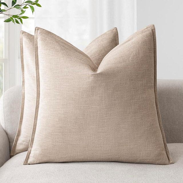 Foindtower Pack of 2, Decorative Linen Soild Throw Pillow Covers Soft Accent Cushion Case Farmhouse Neutral Pillowcase for Chair Couch Sofa Bedroom Living Room Home Decor 24 x 24 Inch Tan Beige