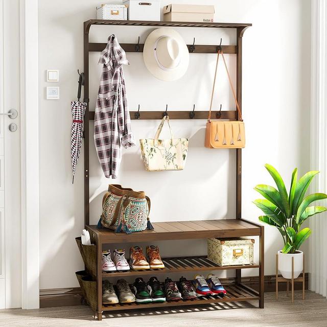 AMBIRD Hall Tree with Shoe Bench Entryway Bench with Coat Rack 6-in-1 Coat Rack Shoe Bench with Cloth Bag Storage Bench with 14 Coat Hooks, Sturdy Bamboo Frame, Large Size, Brown 39 * 15 * 70 Inches