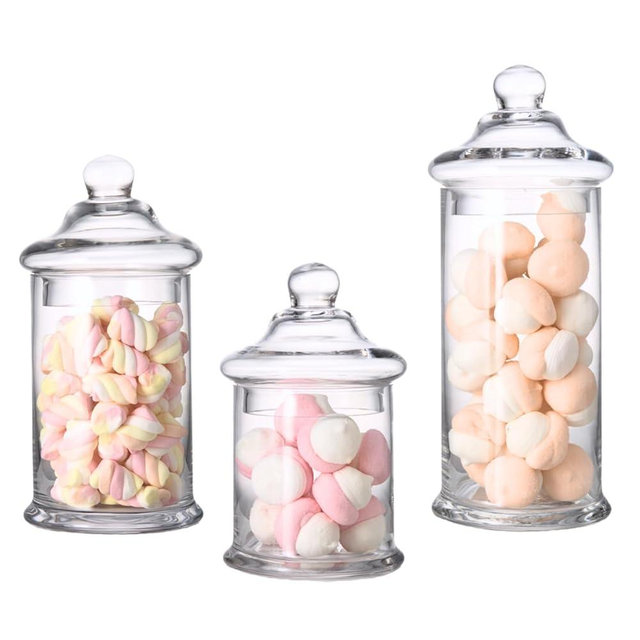 Set of 3 Apothecary Jars Glass, Apothecary Jars with Lids Bathroom, Clear Candy Jar Set, Decorative Jar for Party, Wedding and Home Decor (Height: 11", 8.5", 7.5"; Diameter: 5")