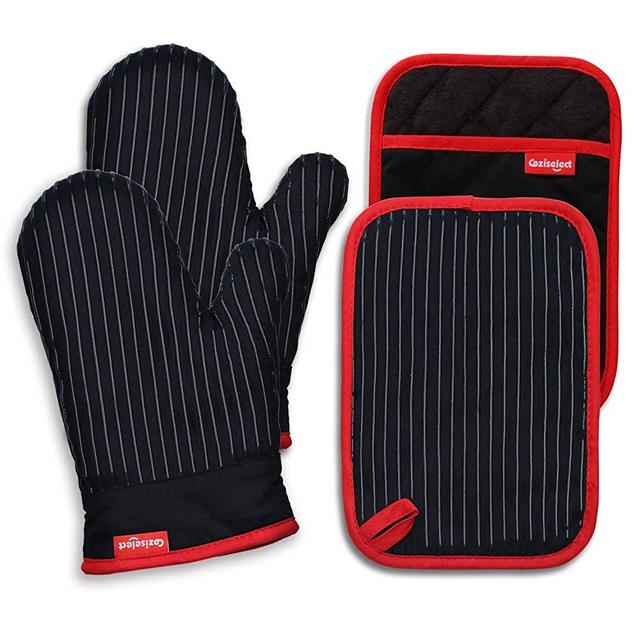 Coziselect Oven Mitts and Pot Holders Set, with Heat Resistance of Silicone, Flexibility of Pure Cotton and Terrycloth Lining, 500 F Heat Resistant, Black