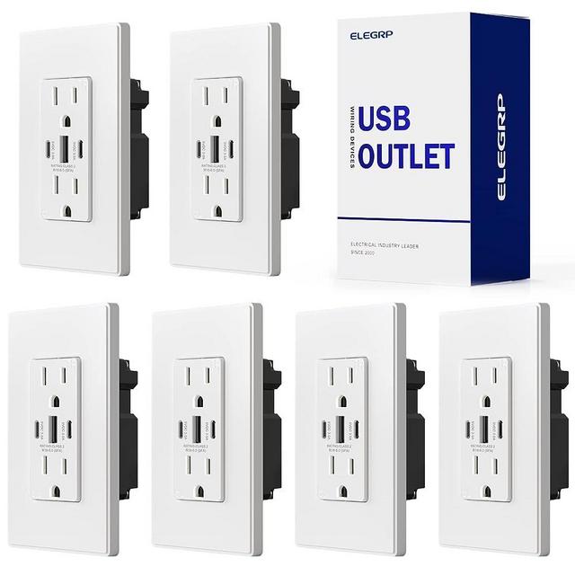 ELEGRP USB Outlets, 30W 6.0 Amp USB C Outlets Receptacles, 3-Port USB Wall Outlet, 15 Amp Tamper-Resistant Outlet with 2 USB C Ports, UL Listed, Screwless Wall Plate Included, 6 Pack, Matte White