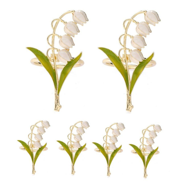 Lily of The Valley Napkin Rings Set of 6,Metal Napkin Ring Holders for Wedding Party Holiday Banquet Christmas Dinner Delicate Serviette Buckles Decor Favor (Lily of The Valley)
