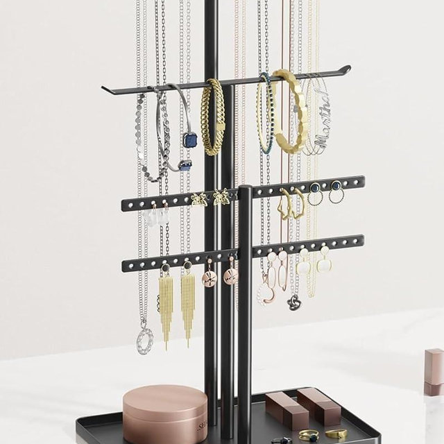 pickpiff Jewelry Stand Organizer, 14.5" Tall Sturdy Metal, 3-Tier Jewelry Holder for Necklace, Earring, Bracelet, Ring, Hanger for Display and Storage, Aesthetic Room Decor, Black