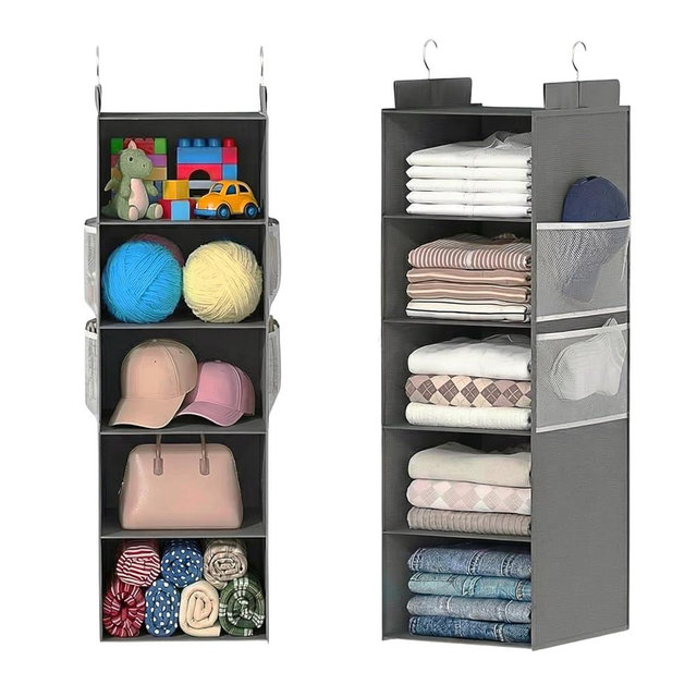 Deep Hanging Closet Organizers and Storage, Closet Hanging Storage Shelves with 5 Shelves and 4 Mesh Pockets, Heavy-Duty Closet Organizer for Clothes, Hats, and RVs and Dorm Essential,1-Pack, Grey