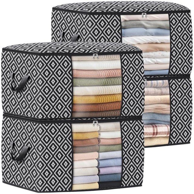 StorageTastic Direct 100L, 4 Pack, Storage Containers, Large Clothes Storage Bins Foldable Organization and Storage Bags with Reinforced Handle, Clear Window for Bedding, Blankets, Clothing, Black