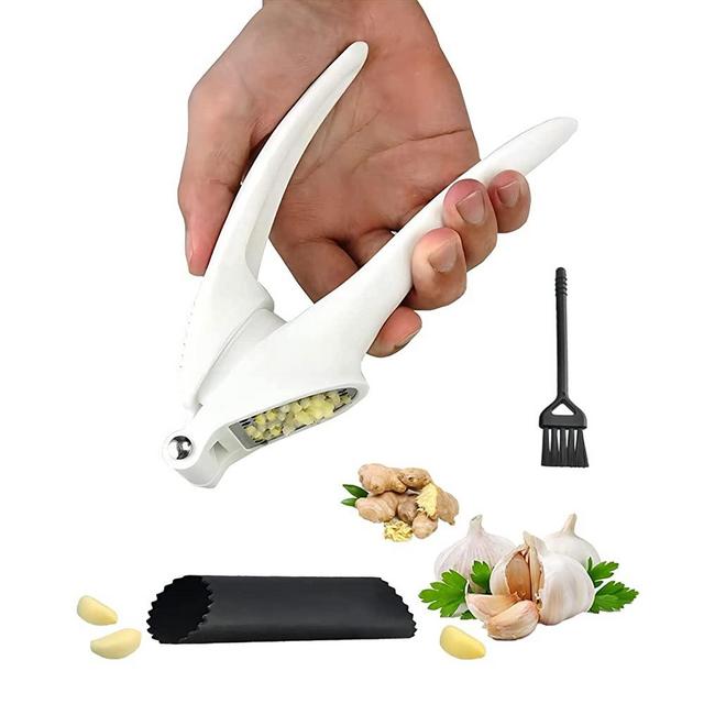 Garlic Press, Garlic Grinder 3-Piece Set with Silicone Roller Peeler and Cleaning Brush, Easy to Use Garlic Crusher, Easy to Clean and Dishwasher Safe