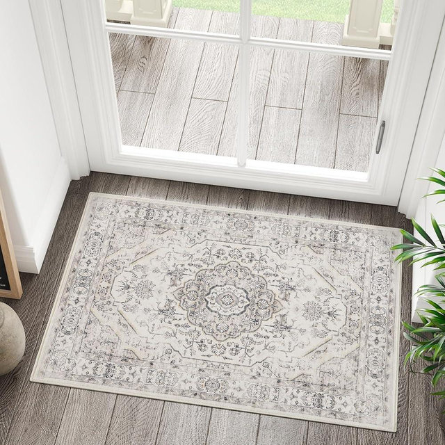 jinchan 2x3 Entryway Rug Area Rug Washable Indoor Doormat Medallion Floral Accent Mat Small Non Slip Kitchen Vintage Retro Thin Soft Carpet for Bedroom Bathroom Distressed Grey