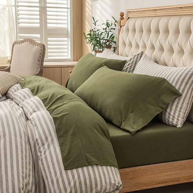 PURE ERA Jersey Knit 4pc Bed Sheet Set 100% T-Shirt Heather Cotton Super Soft Comfy Breathable Fits Mattress Up to 20" Extra Deep Pocket (Olive Green, Queen)