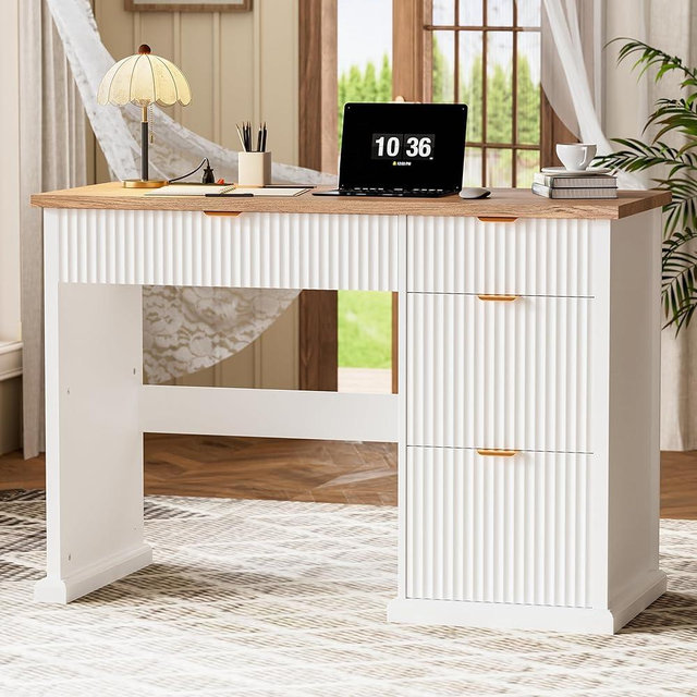 Boesat 47" Farmhouse Executive Desk, Home Office Desk with Drawers and Charging Station, Wood Home Office Desk, Fluted Computer Writing Desk for Study, Living Room, Bedroom