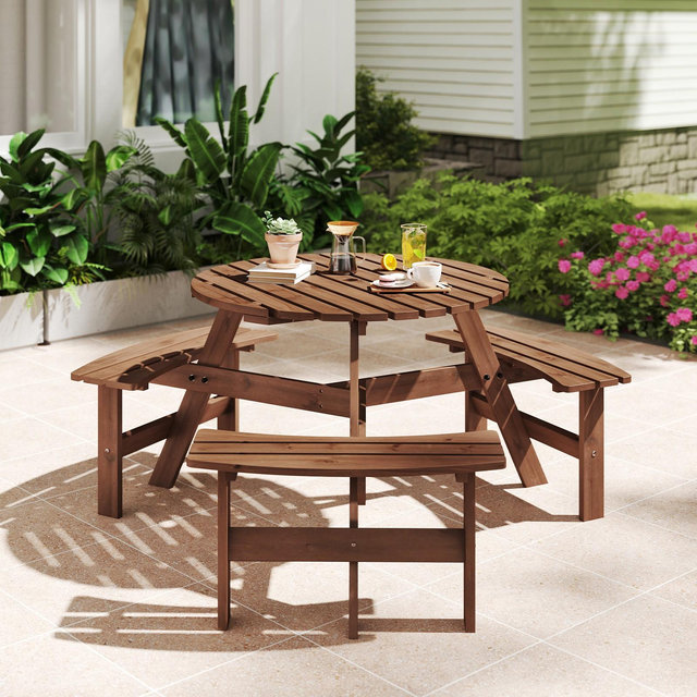 Costway 6-Person Round Picnic Table Set with 3 Built-in Benches 2" Umbrella Hole, Brown