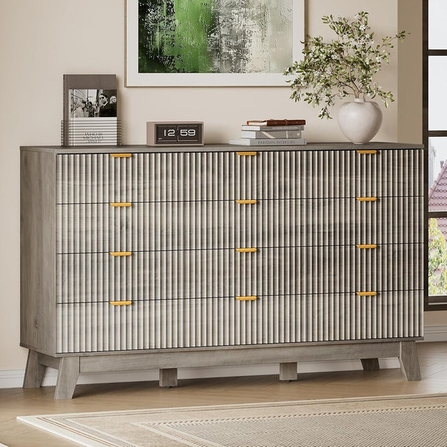BORNOON 57" Wide Dresser for Bedroom, 12-Drawer Fluted Dresser with Metal Handles, Wood Chest of Drawers with Smooth Slides and Stable Base, Modern Storage Cabinet for Living Room, Nursery