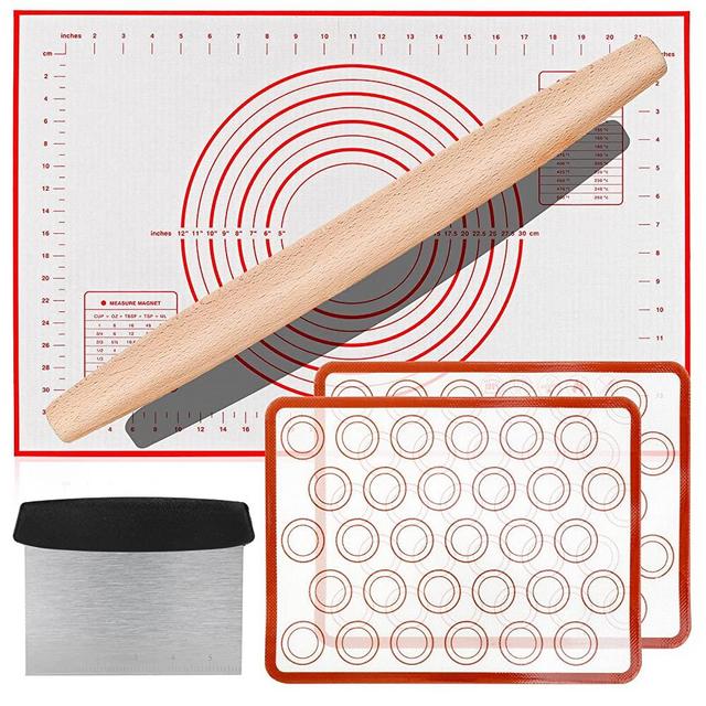 Rolling-Pin-Silicone-Baking-Mats-Set, Nonstick Dough Rolling Pastry Mat for Cookie Macaroon Pie Crust Pizza, Heat-resistant Silicone Baking Sheets for Oven, Silicon Macaroons Baking Mats