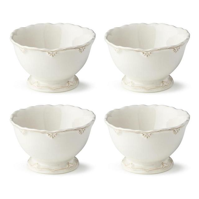 Heritage Scroll Set of 4 Cereal Bowls – 16 oz Stoneware Bowls with Sculpted Pedestal Base & Embossed Scroll Rim – Elegant Ivory Glaze – Classic Style for Breakfast, Soup & More
