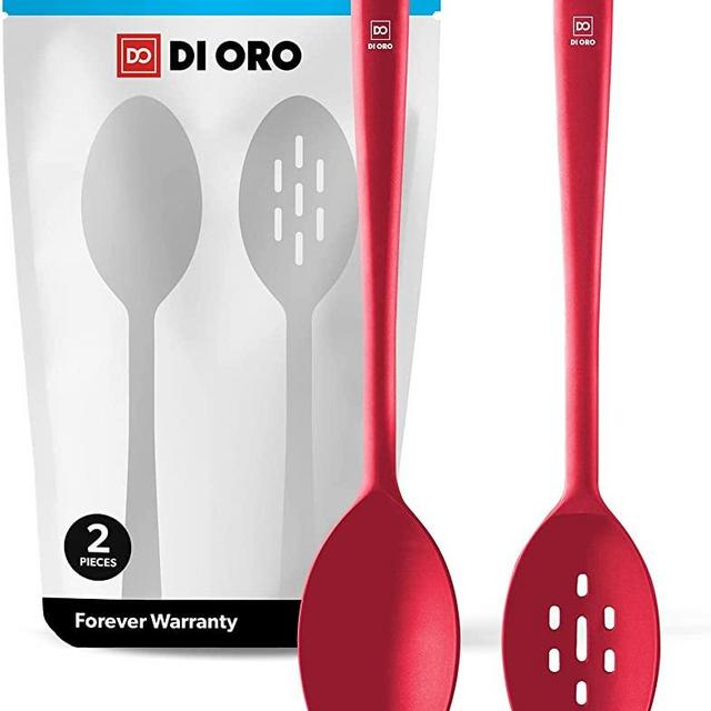 DI ORO Seamless Series 2-Piece Silicone Spoon Set - 600F Heat-Resistant Rubber Non-Stick Slotted and Solid Spoons for Mixing and Serving - LFGB Certified and BPA Free Pro-Grade Silicone – Red