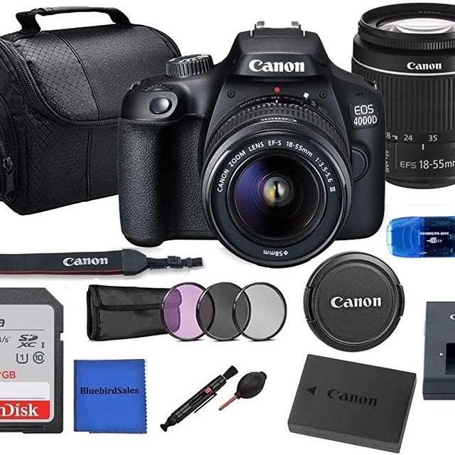 Canon EOS 4000D (Rebel T100) DSLR Camera w/Canon EF-S 18-55mm F/3.5-5.6 Zoom Lens + Case + Sandisk 64GB Memory Card + 3pc Filter Kit + Card Reader + BluebirdSales Cleaning Kit (International Model)