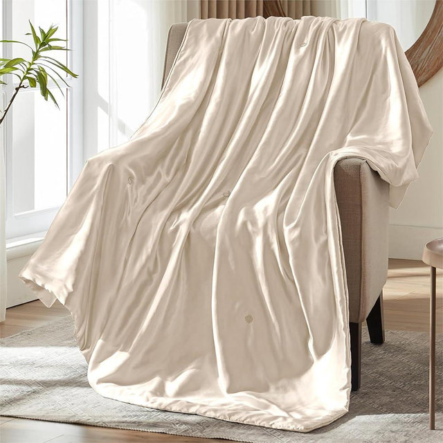 MILVOWOC Beige Satin Throw Blanket - 50 x 60 Inches, Cooling Packable Lightweight Satin Blanket, Soft & Cozy Silky Throw Blanket for Couch Sofa Bed Outdoor Travel