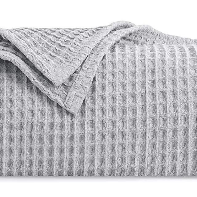 HBlife Premium 100% Cotton Blanket Queen Size, Soft Lightweight Breathable Waffle Weave Thermal Blanket for Home Decoration, Grey 92" X 92"